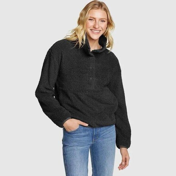 Eddie Bauer jacket sweatshirt womens XXL black sherpa cabinscape pullover - Picture 1 of 6
